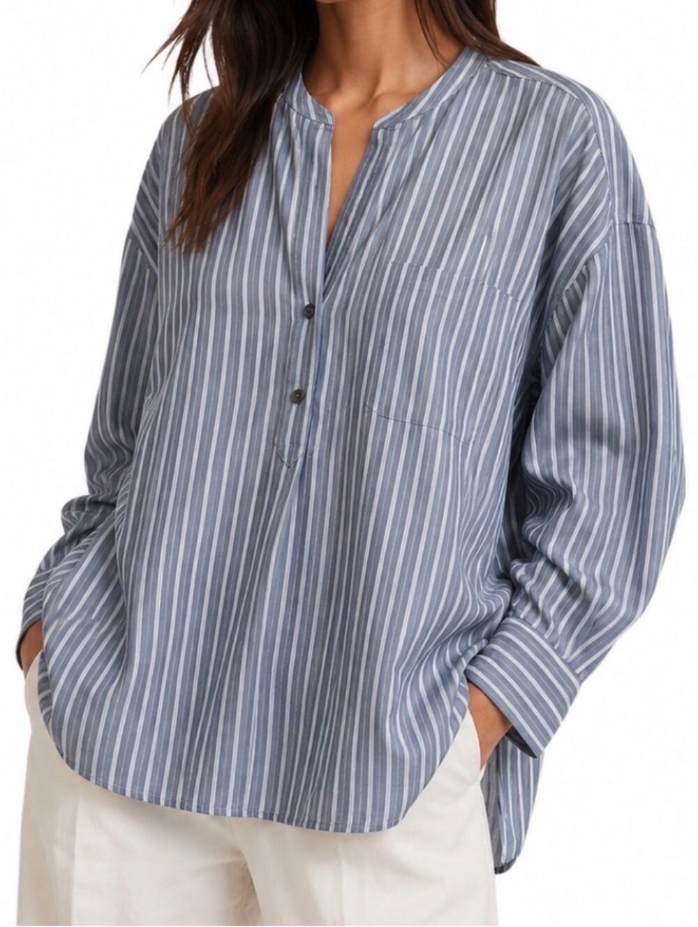 Vince Gray Blue Striped Cotton Popover Tunic Blouse Women’s Medium